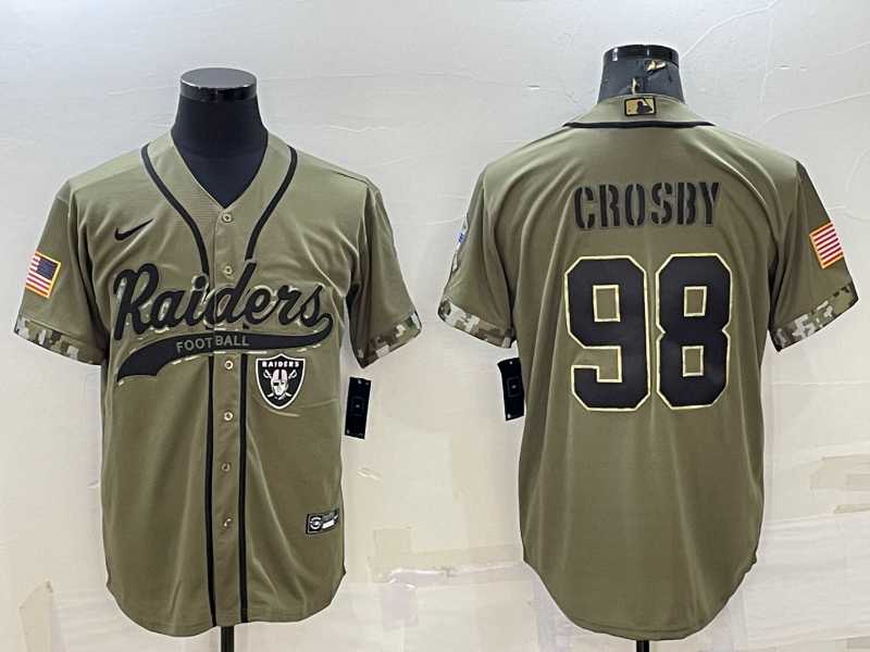 Mens Las Vegas Raiders #98 Maxx Crosby 2022 Olive Salute to Service Cool Base Stitched Baseball Jersey